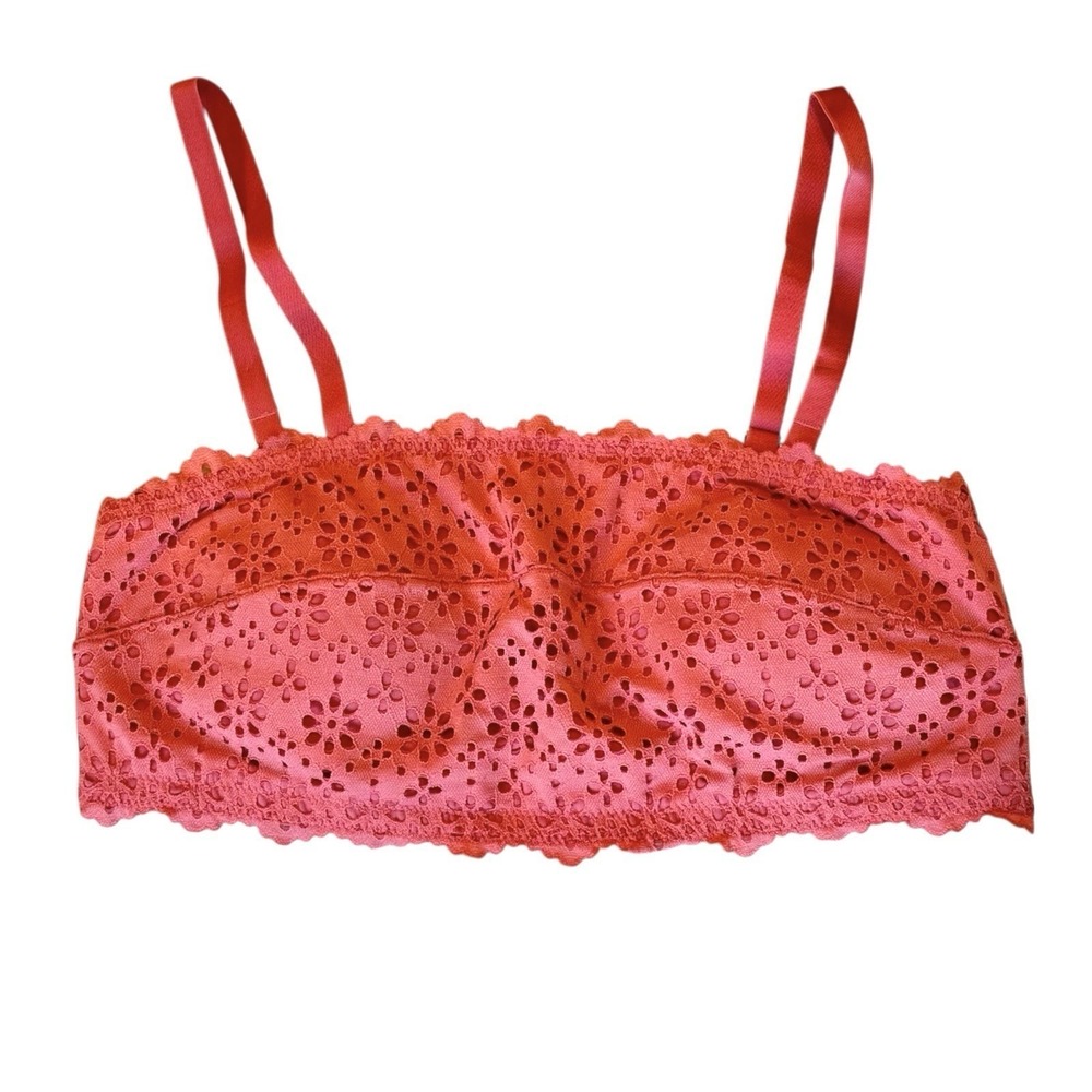 Auden Womens Lace Removable Pad Bandeau Bralette Coral Pink‎ Floral Eyelet Small - Picture 2 of 6